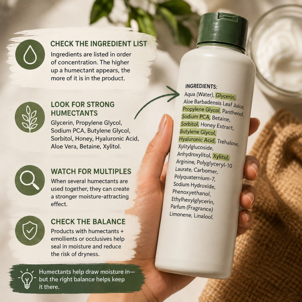 Infographic about how to check for humectants in a hair product.