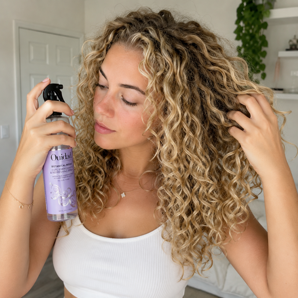 Woman wiht blonde wavy hair refreshing it with the Ouidad refreshing spray.