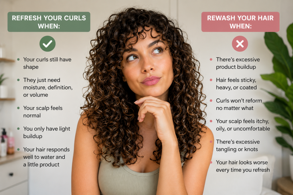 Infographic showing when to refresh curly hair versus when to rewash it, featuring a woman with dark curly hair and side-by-side signs of buildup, frizz, scalp discomfort, and curls losing definition between wash days.