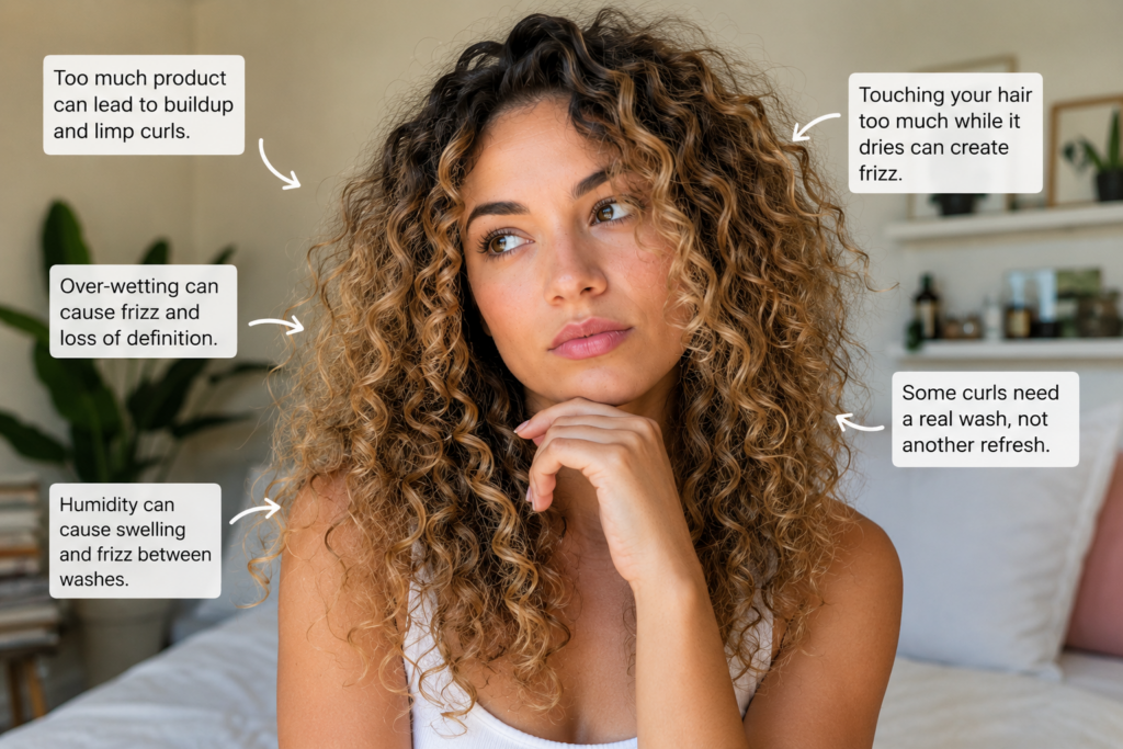 Woman with frizzy second-day curly hair sitting indoors while thinking about common curl refresh problems like buildup, humidity, flat curls, and over-refreshing between wash days.