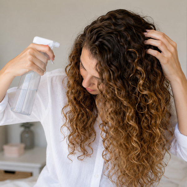 Woman with long curly hair refreshing her hair with a water bottle in her hand.