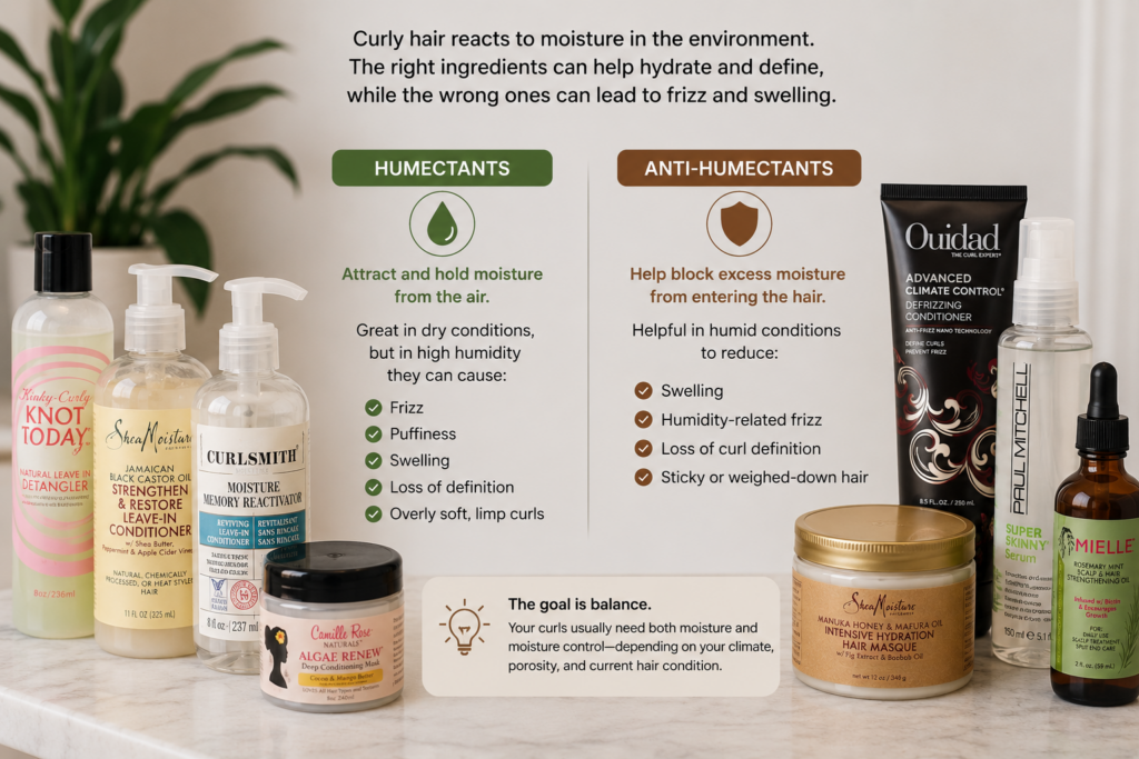 Image of curly hair products that contain humectants and anti humectants.