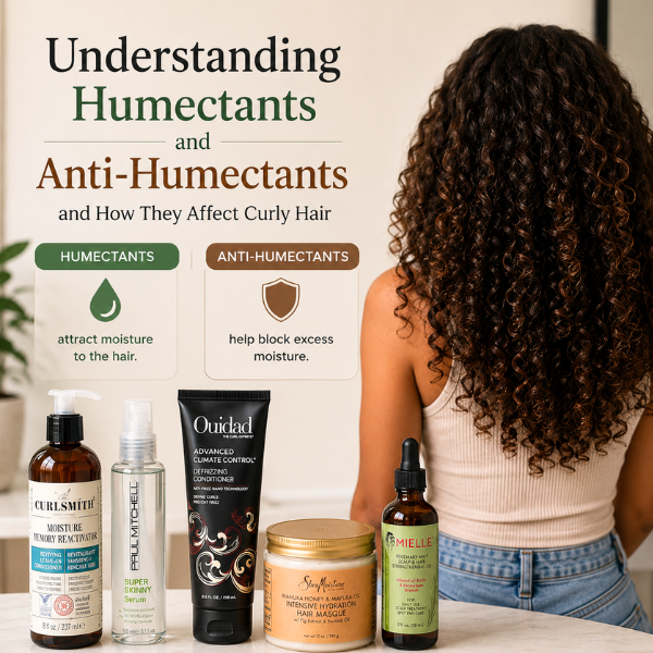 Woman with long defined curly hair viewed from the back beside curly hair products illustrating humectants and anti-humectants for managing frizz, moisture, and humidity in curly hair.