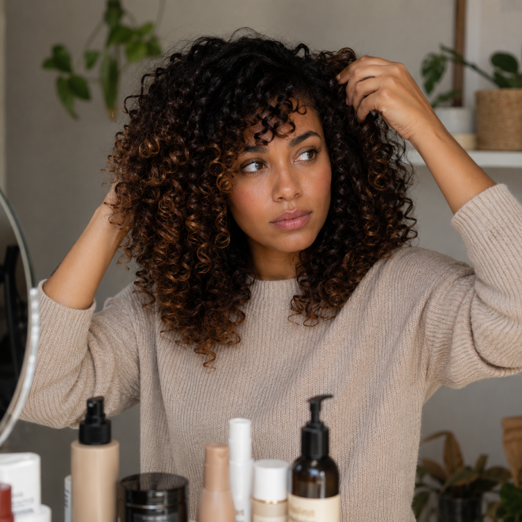 Woman touching her curly hair.