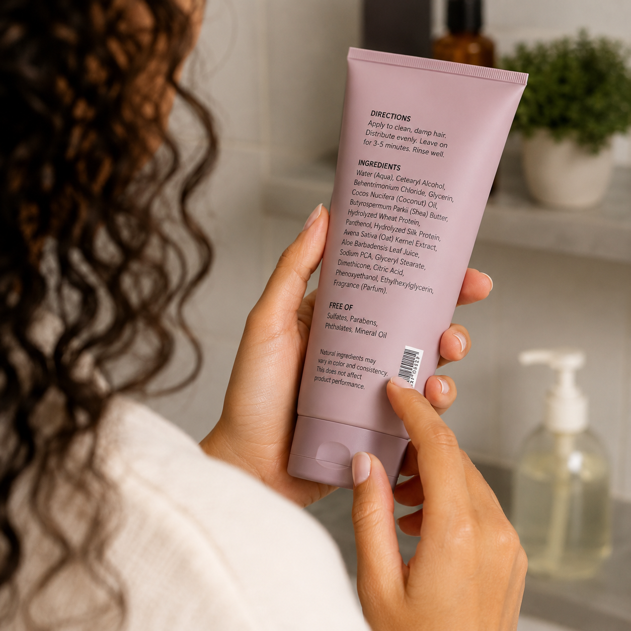 Woman with curly hair reading the ingredient list on the back of a hair product tube to identify protein and conditioning ingredients on the label.