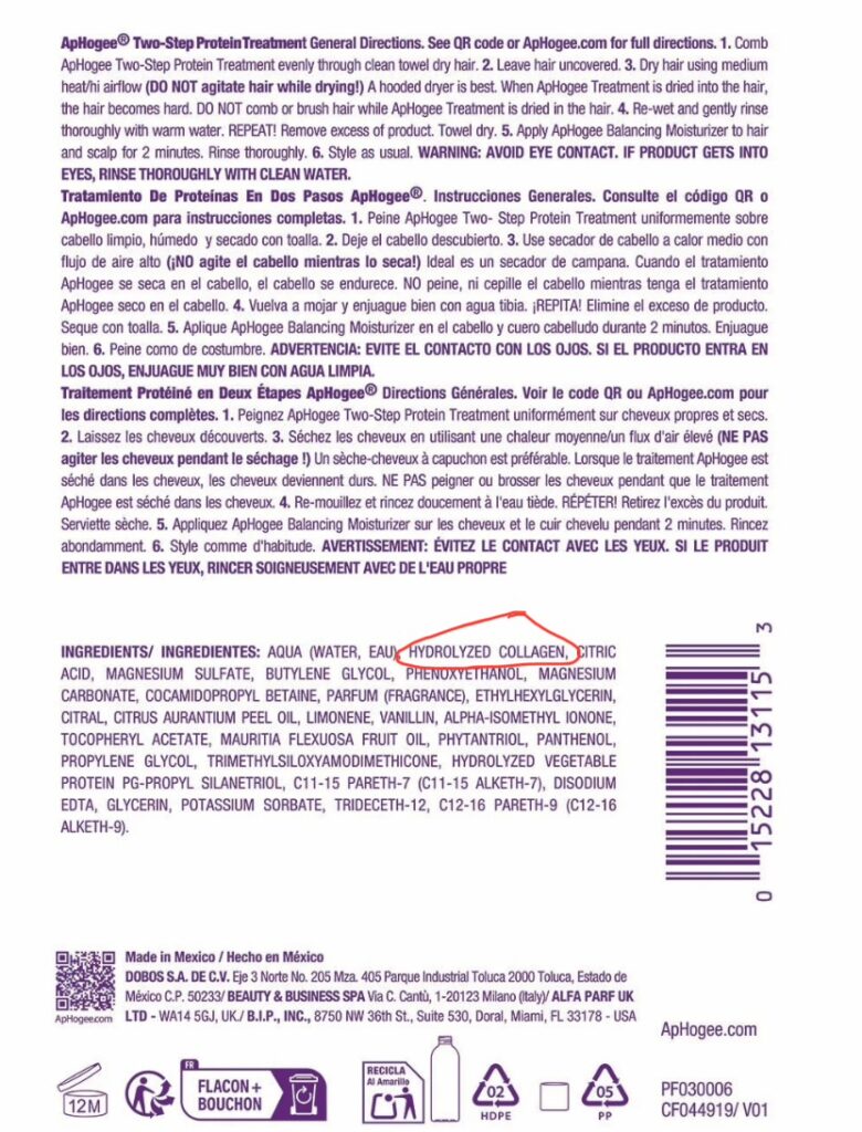 ApHogee Two-Step Protein Treatment ingredient list with hydrolyzed collagen circled as the second ingredient, marking it as a protein-rich treatment.