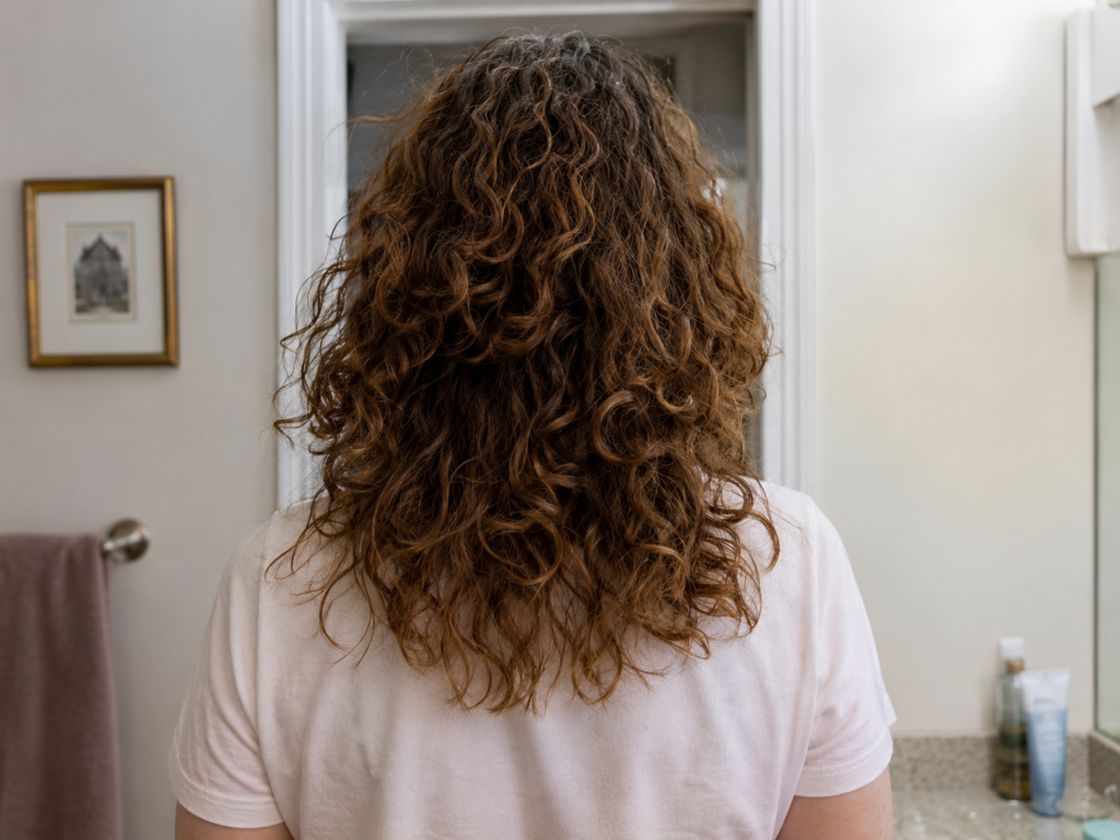 Image of the back of curly hair showing an uneven haircut.