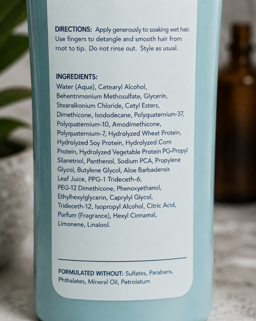 Photo of the ingredient list of a hair product.