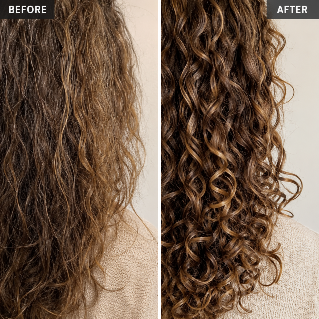 Close up of before and after limp curls fix.