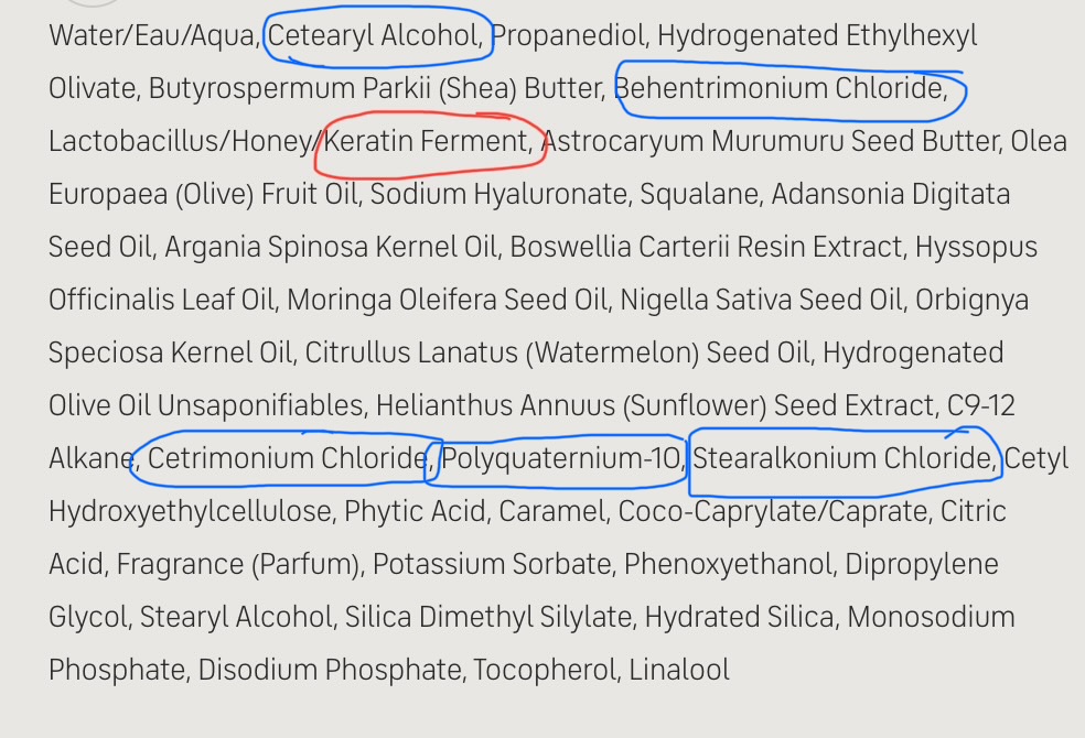 CÉCRED Moisturizing Deep Conditioner ingredient list with behentrimonium chloride and cetearyl alcohol circled as the conditioning workhorses and the bioactive keratin ferment marked at number seven.