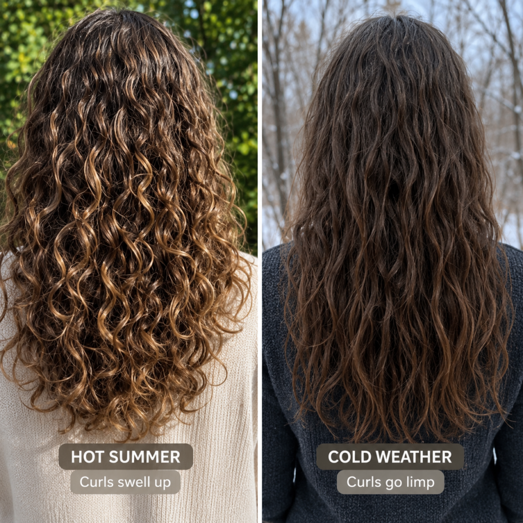 Side-by-side comparison of curly hair reacting to seasonal weather changes, showing swollen voluminous curls in hot summer humidity versus limp stretched-out curls during cold winter weather.