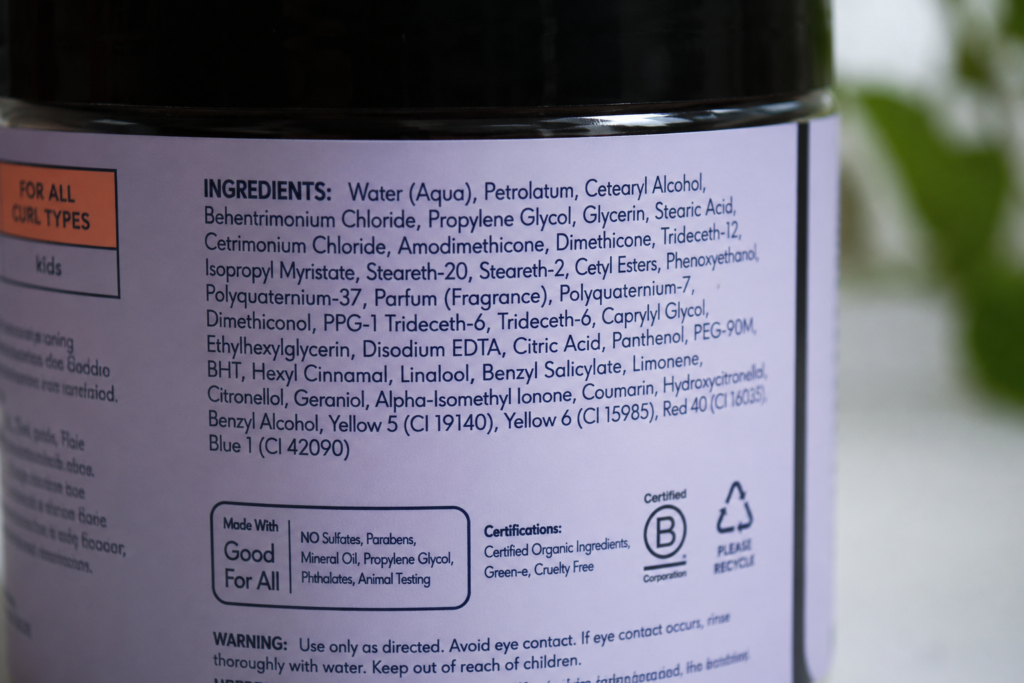 Image of the ingredient label of a curly hair product.