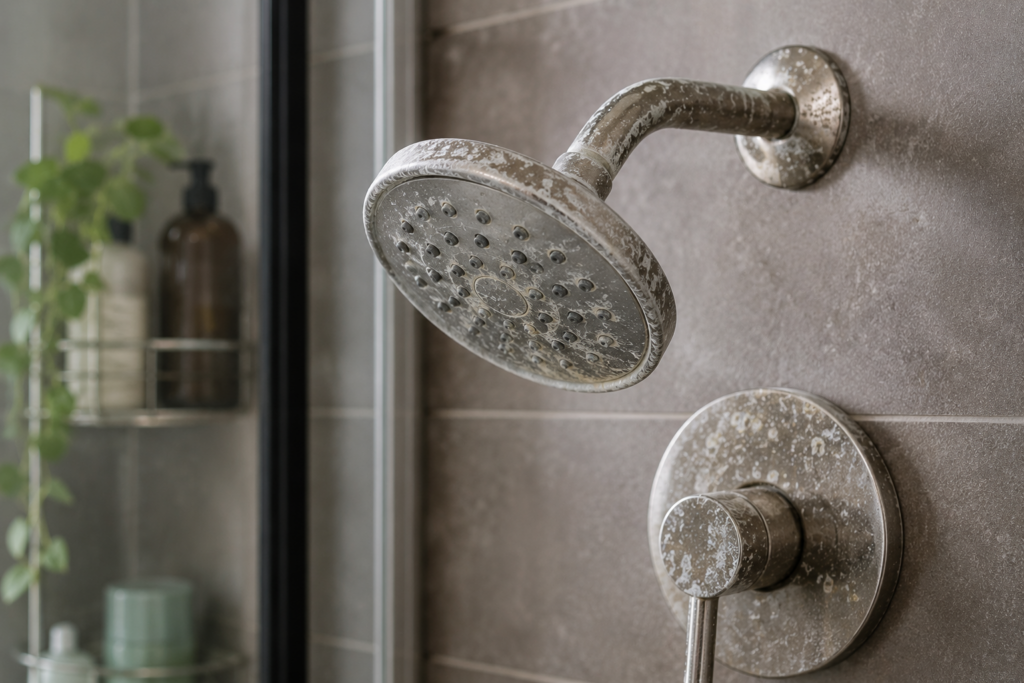 Hard water buildup on a shower faucet.