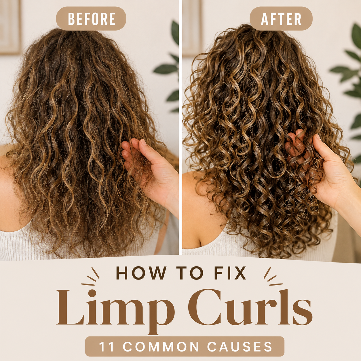 Before and after comparison of limp curls versus defined curls on light brown curly hair, showing frizzy flat curls transformed into bouncy curl clumps for a blog about how to fix limp curls.