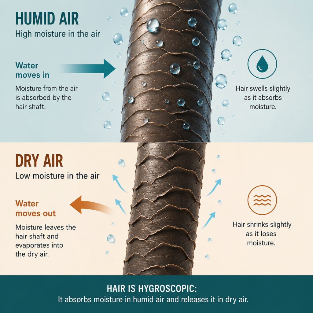 Two-part illustration showing that hair is hygroscopic: in humid air, water moves into the hair shaft and it swells slightly; in dry air, water moves out and evaporates and the hair shrinks slightly.