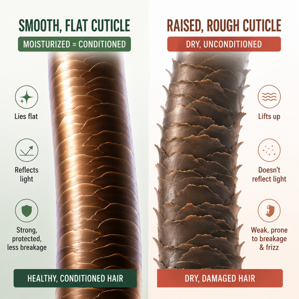 Side-by-side illustration comparing a smooth, flat hair cuticle labeled "moisturized = conditioned" (lies flat, reflects light, strong and less prone to breakage) with a raised, rough cuticle labeled "dry, unconditioned" (lifts up, doesn't reflect light, weak and prone to breakage and frizz).