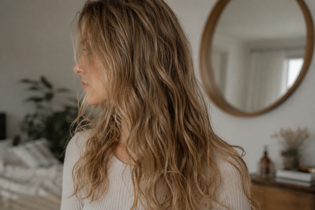 Woman with wavy hair that looks limp.
