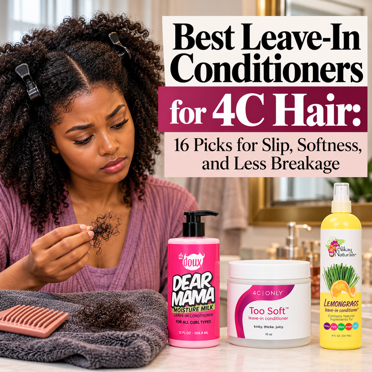 Black woman with sectioned 4C hair examining hair breakage at a bathroom vanity beside leave-in conditioners. Text reads, “Best Leave-In Conditioners for 4C Hair: 16 Picks for Slip, Softness, and Less Breakage.”