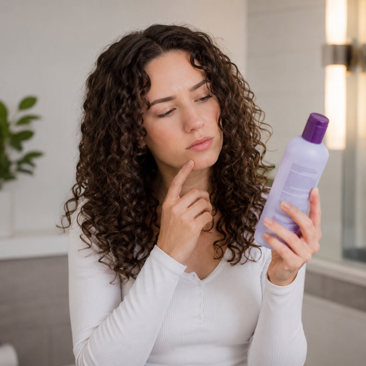 Curly haired woman examining a hair products ingredient list to present blog, "Does Low Porosity Hair Need Protein?"