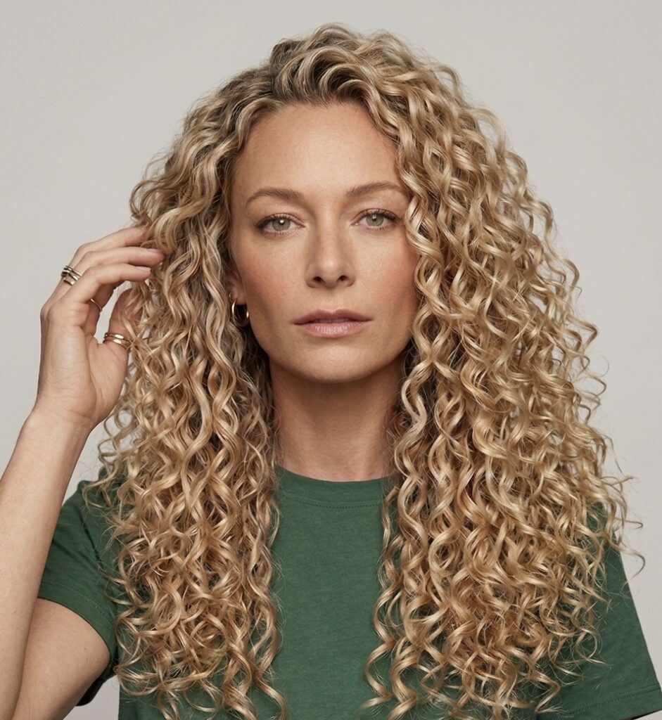 Woman with well defined wavy hair after applying curl cream.
