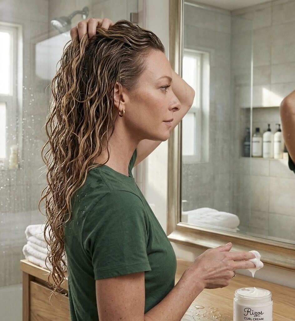 Woman applying curl cream to her wavy hair.