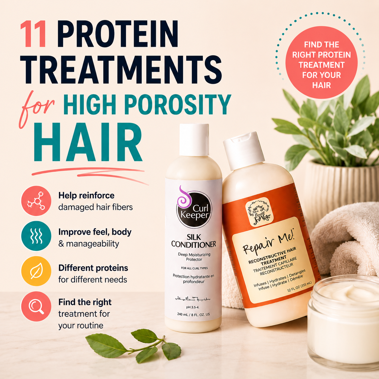 Featured image for a high porosity hair guide showing protein treatment products on a bathroom counter. The graphic highlights 11 protein treatments for high porosity hair and focuses on helping readers compare options designed for damaged, weathered, or highly porous hair fibers.