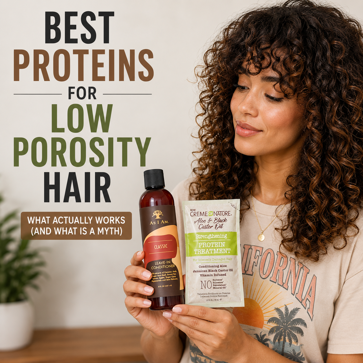Curly-haired woman holding a leave-in conditioner and protein treatment while comparing protein products for low porosity hair, illustrating ingredients and treatments discussed in a science-based curly hair care guide.