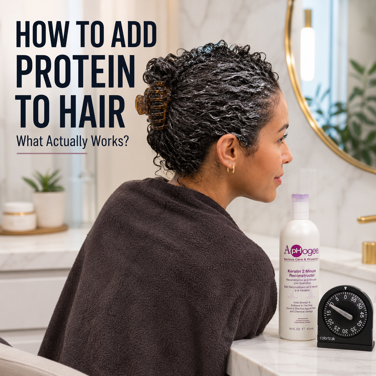 Curly-haired woman with a protein treatment applied to her hair and secured in a large claw clip while waiting for processing time. A salon timer set to ten minutes and a bottle of Aphogee Keratin 2 Minute Reconstructor sit on a nearby vanity. Text reads “How to Add Protein to Hair: What Actually Works?” representing science-based protein treatments for curly hair.