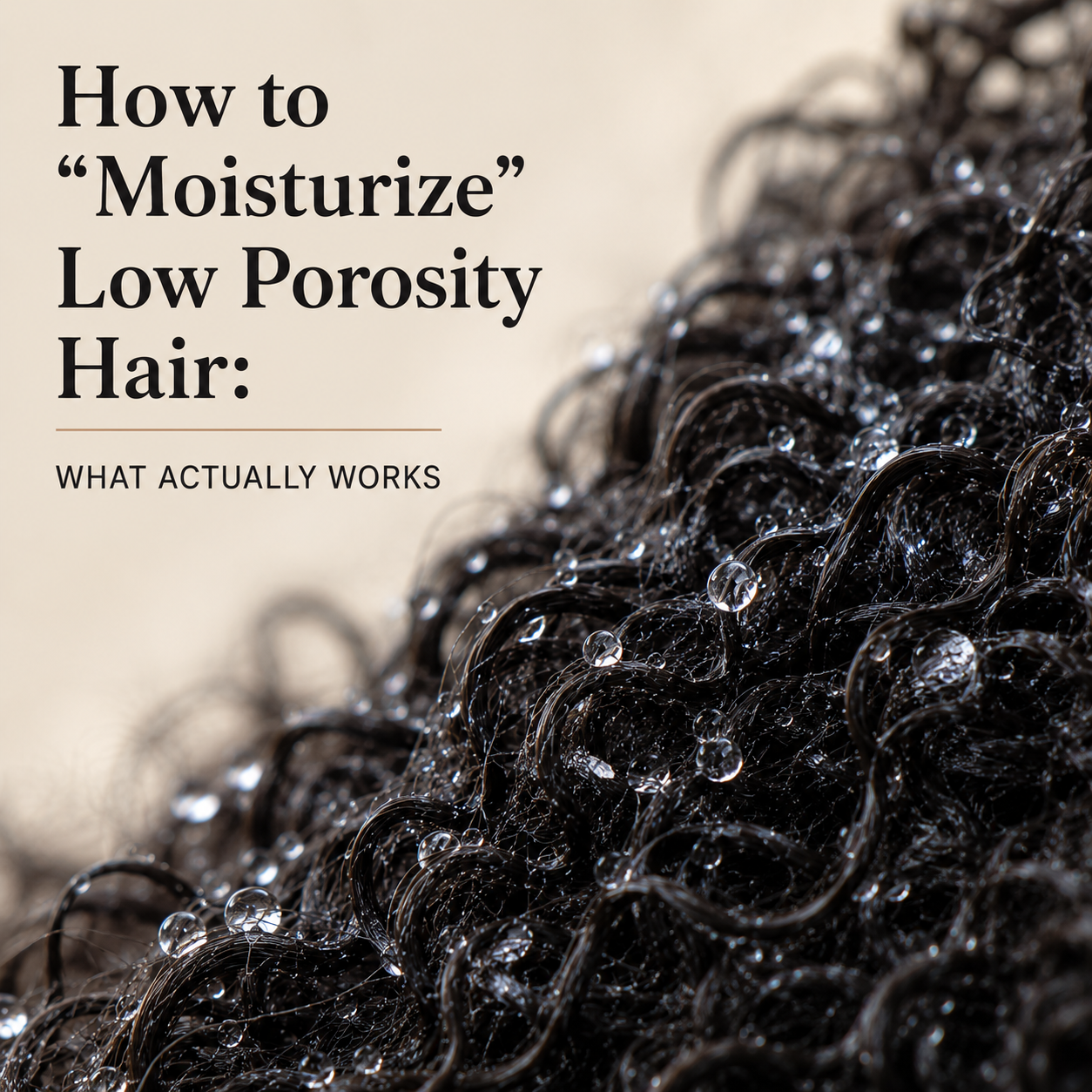 Water beading on the surface of dark curly low porosity hair instead of soaking in.