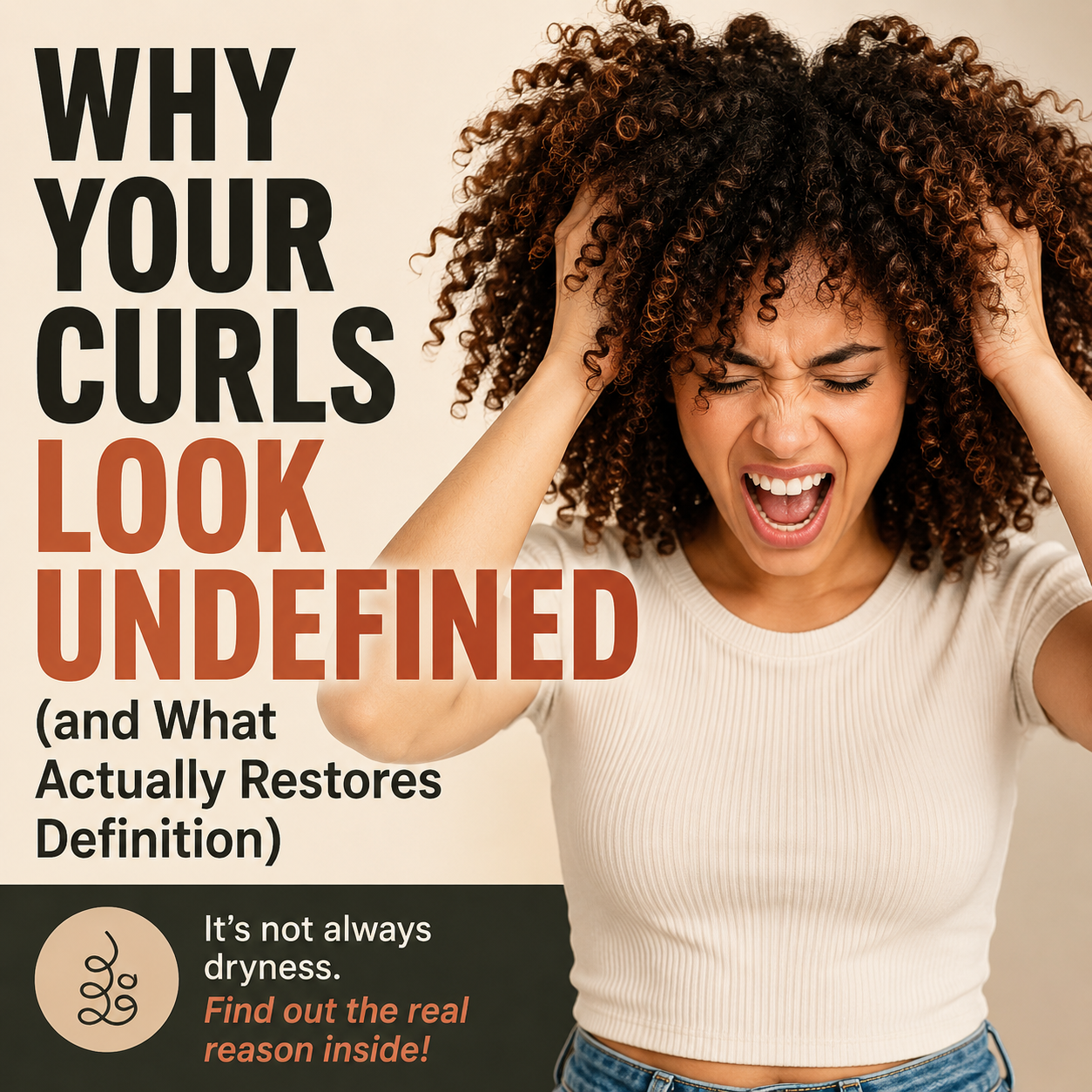Woman with curly hair holding her head in frustration beside the title "Why Your Curls Look Undefined (and What Actually Restores Definition)," illustrating common causes of undefined curls and the science behind improving curl definition.