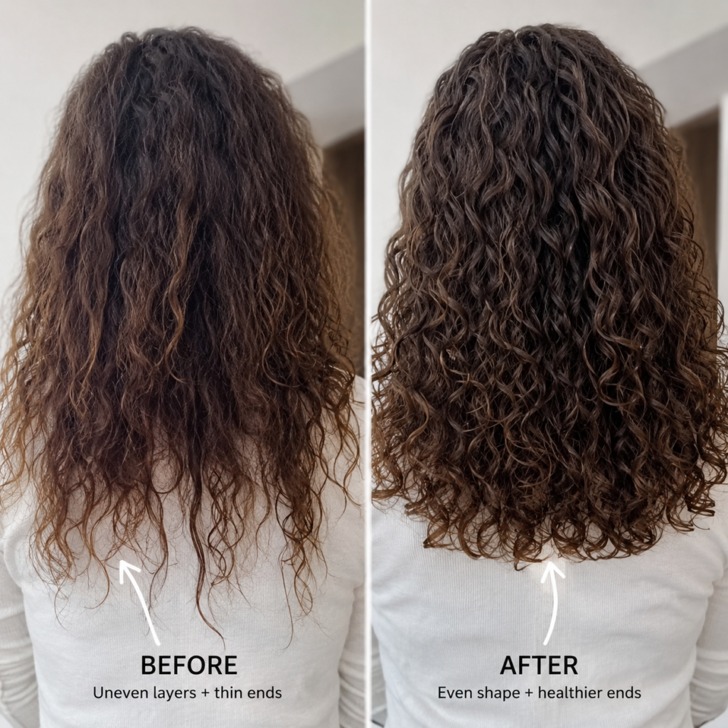 A before and after photo of stringy uneven curls.