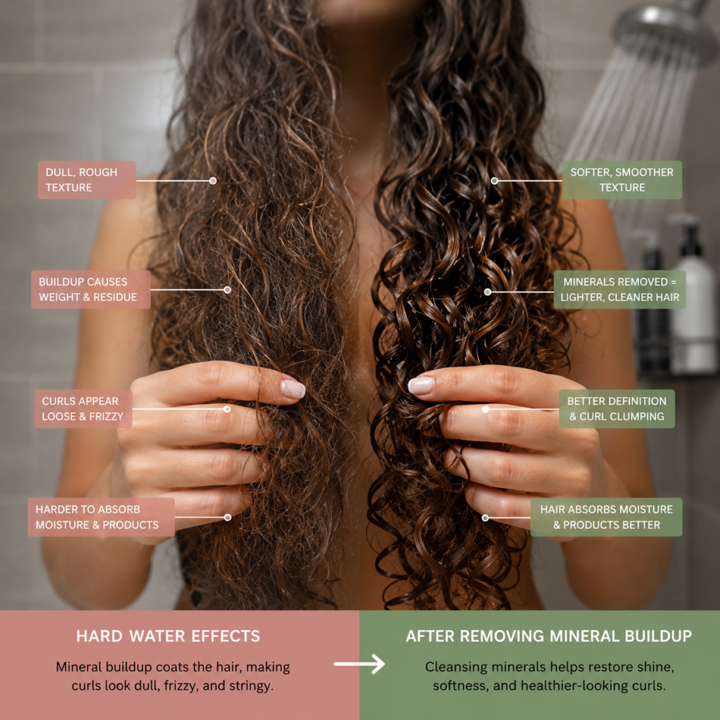 Infographic of hair transfomation of curly hair after hard water mineral removal.