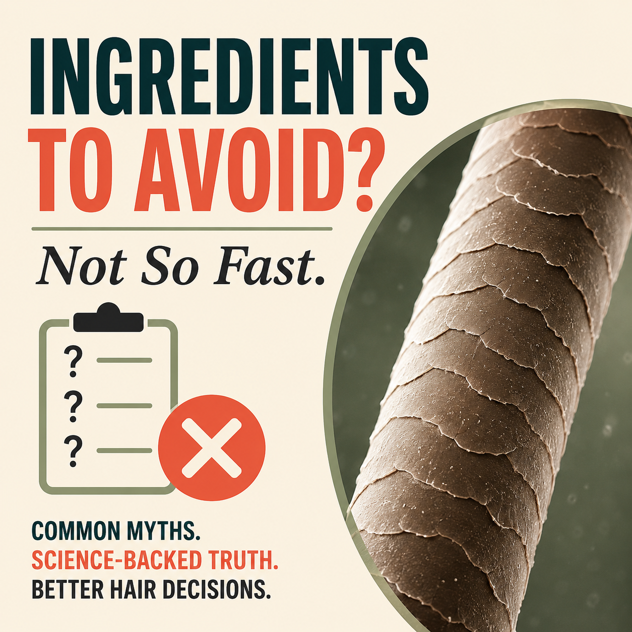 Featured image for a low porosity hair article showing a magnified hair strand with a relatively smooth, intact cuticle and text discussing common myths about ingredients to avoid for low porosity hair. The image emphasizes that product performance depends on hair behavior, formulation, and fiber condition rather than strict porosity rules.