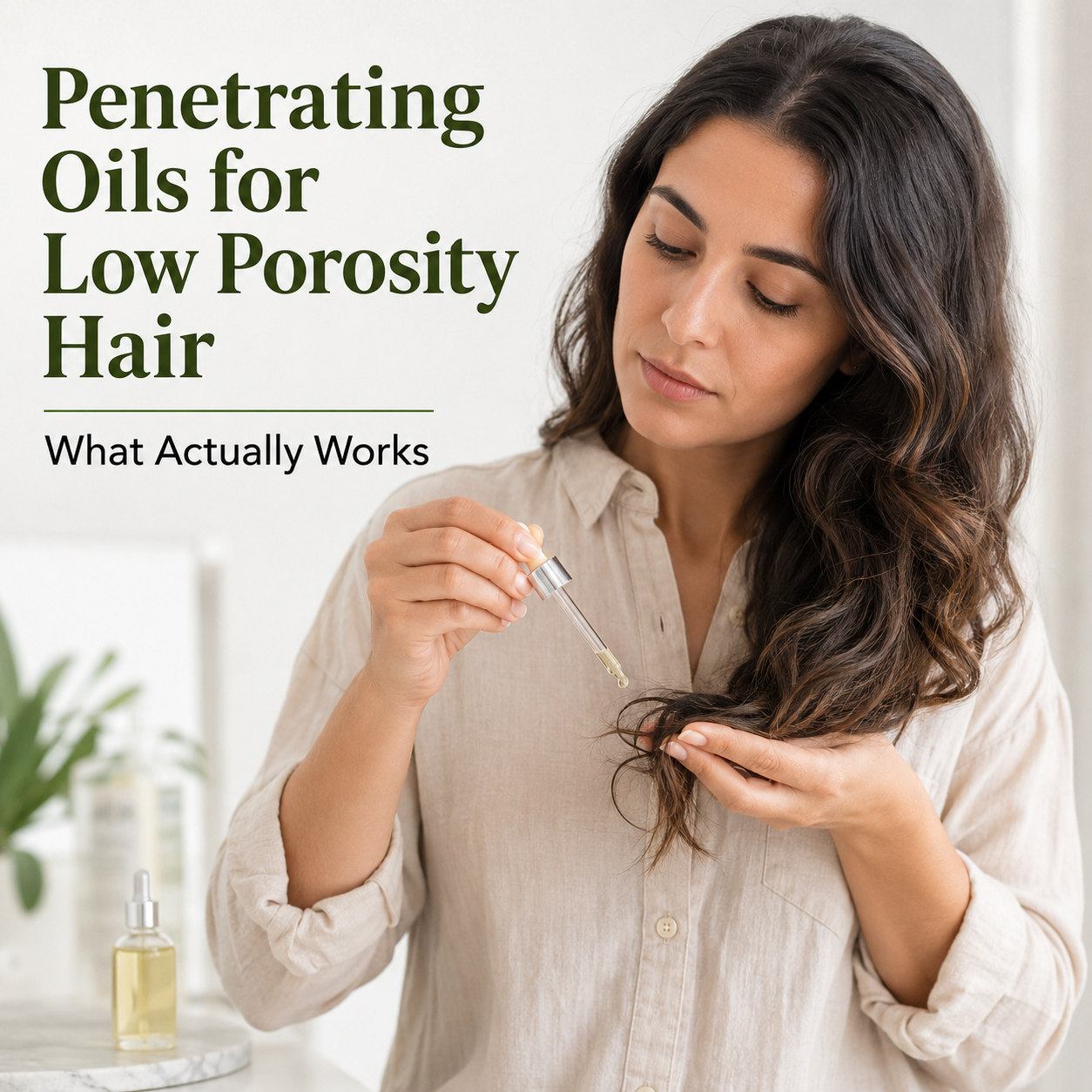 Woman applying oil from a dropper to the ends of her dark wavy hair, holding a section in her other hand.