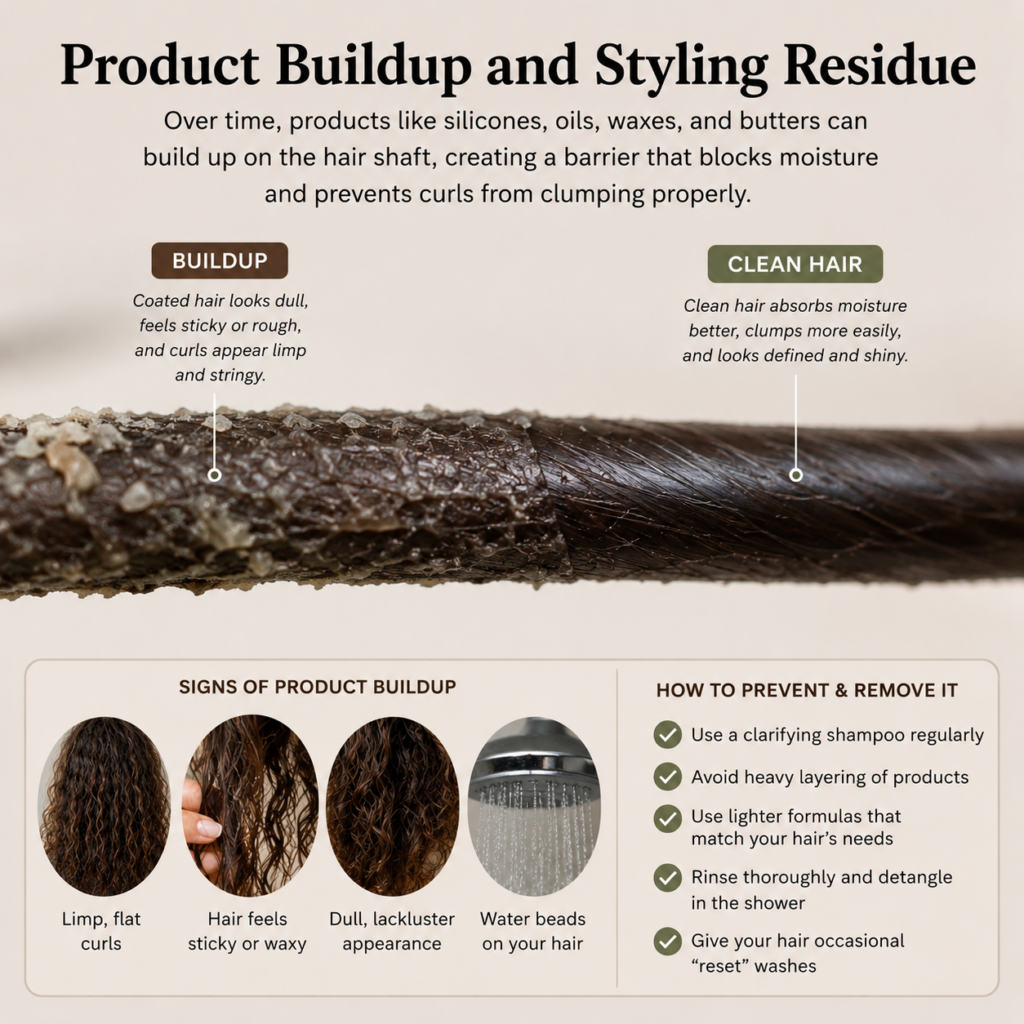 Infographic of product buildup on a magnified hair strand.