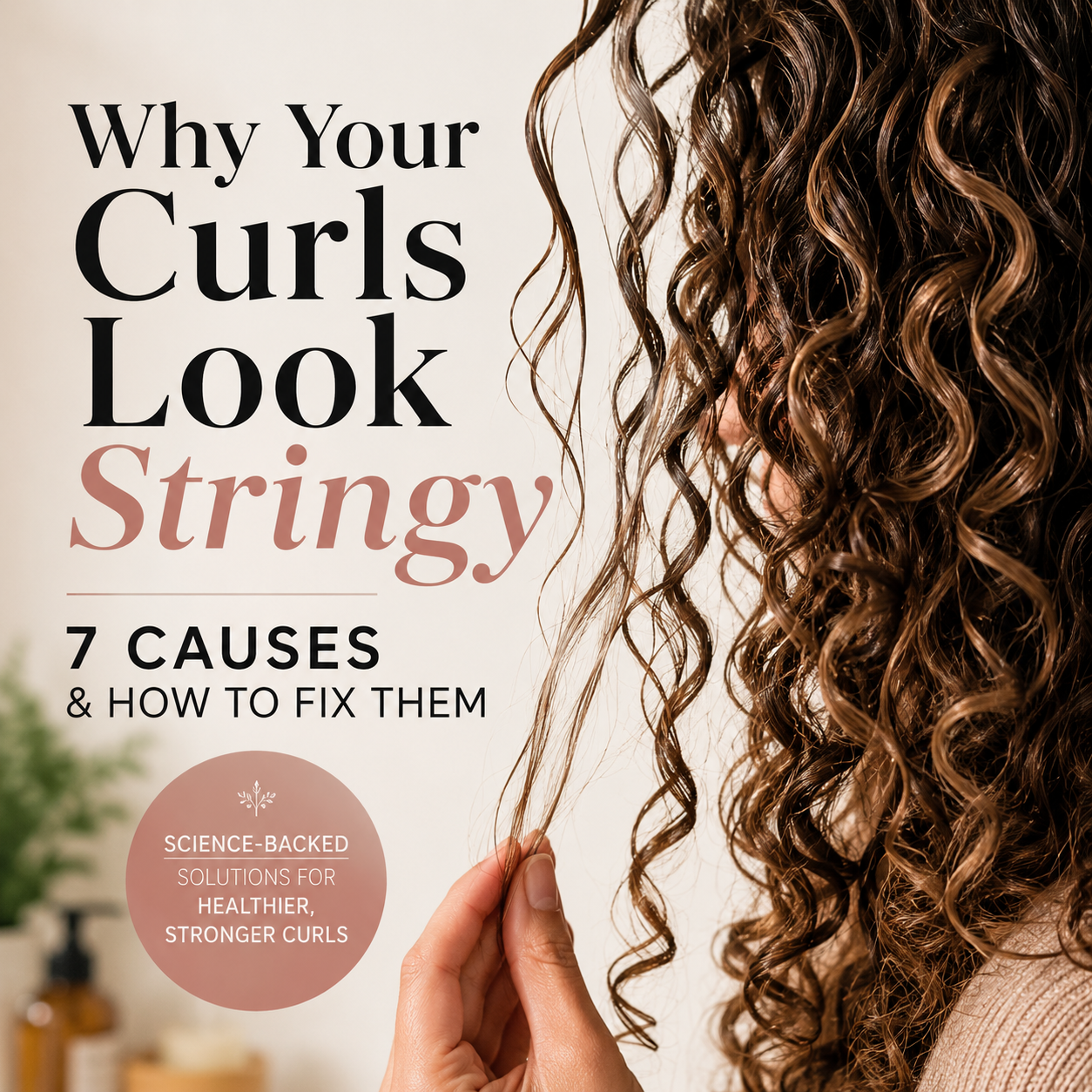 Woman holding a thin, separated curl strand beside fuller defined curls, illustrating stringy curly hair and uneven curl clumping caused by dryness, buildup, or damage