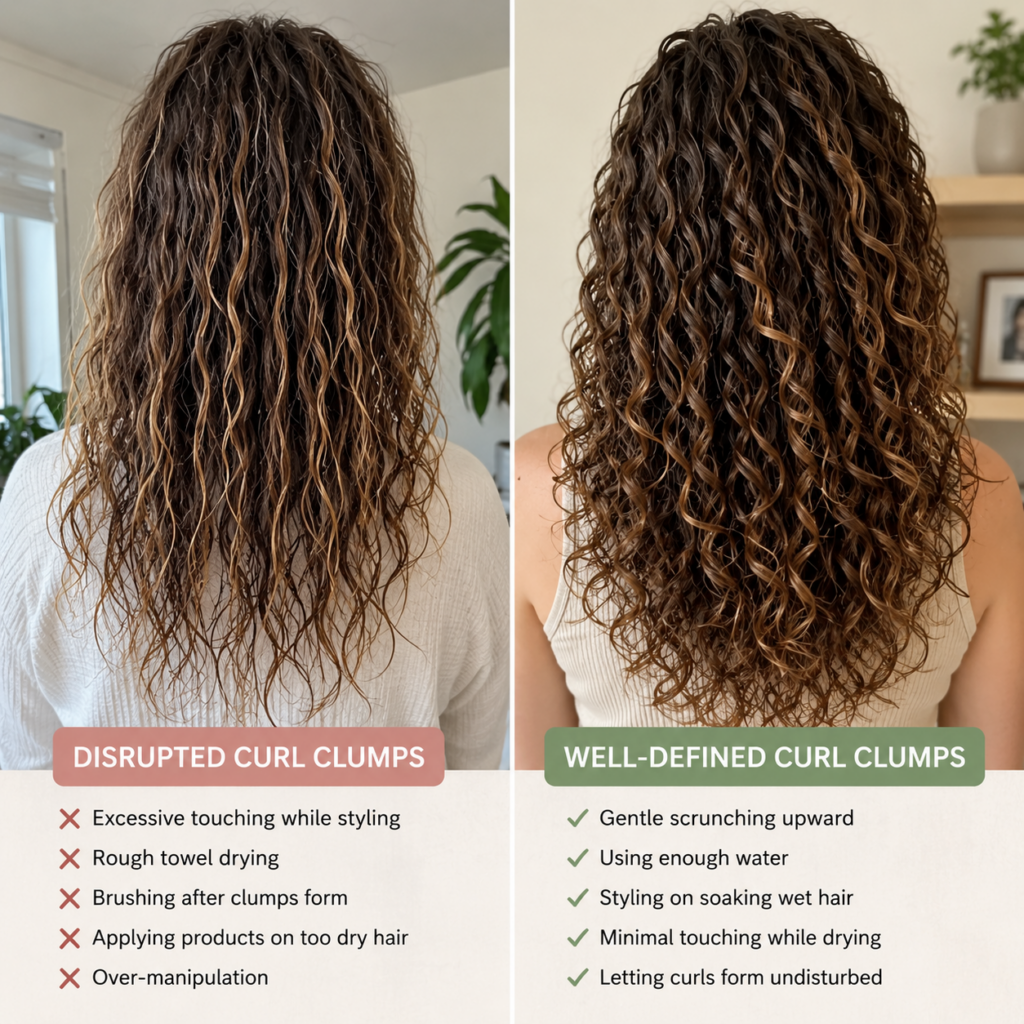 Infographic of distorted curl clumps vs well defined curl clumps.