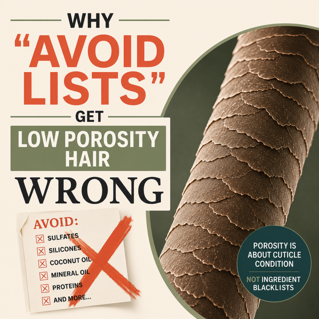 Illustration for an article about low porosity hair myths. A magnified view of a human hair strand with overlapping cuticle layers appears beside the headline “Why ‘Avoid Lists’ Get Low Porosity Hair Wrong.” A crossed-out ingredient blacklist represents common low porosity hair rules, while supporting text explains that porosity is determined by cuticle condition rather than specific ingredients. The graphic emphasizes that ingredients such as coconut oil, silicones, proteins, sulfates, and mineral oil are not automatically unsuitable for low porosity hair and should be evaluated based on hair behavior, formulation, and individual results rather than blanket avoid lists.