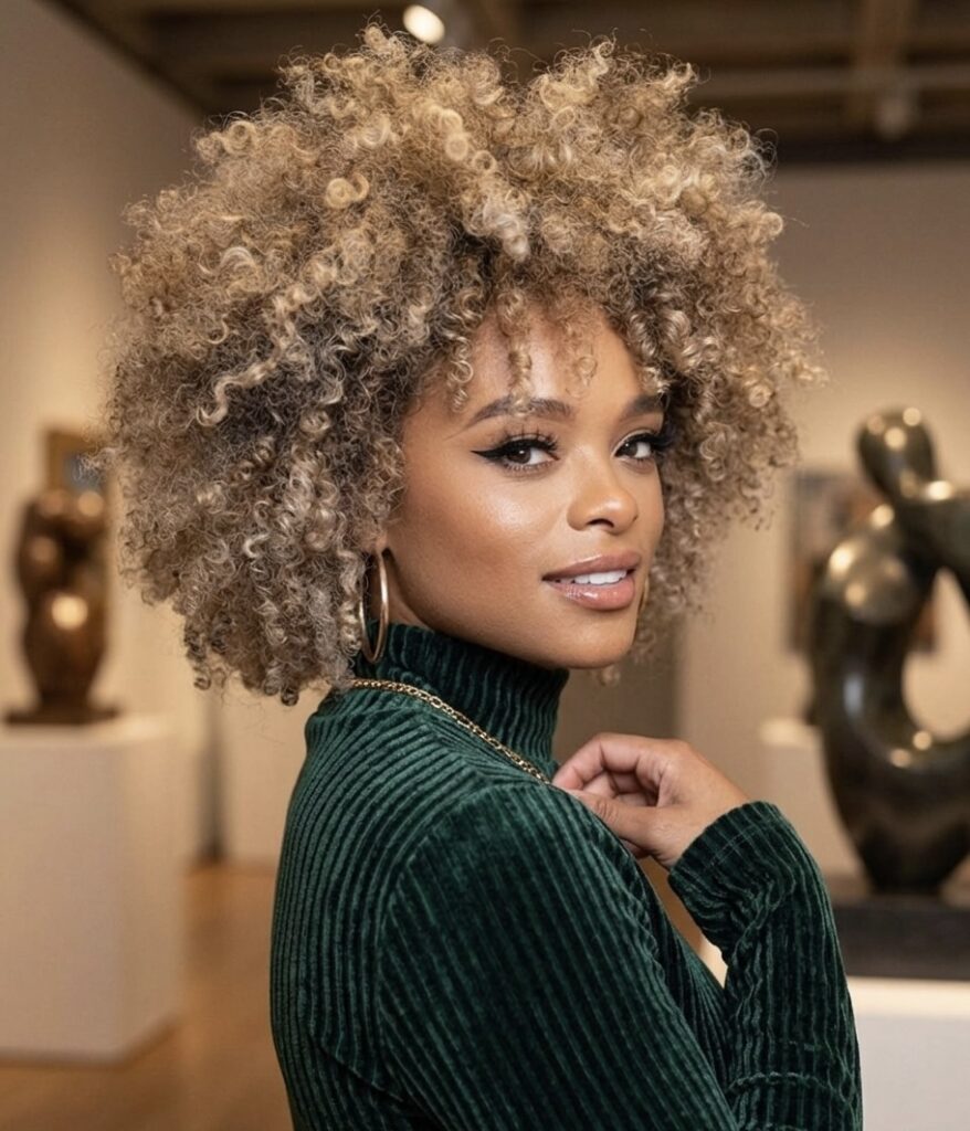 Afro blonde short curly hair.