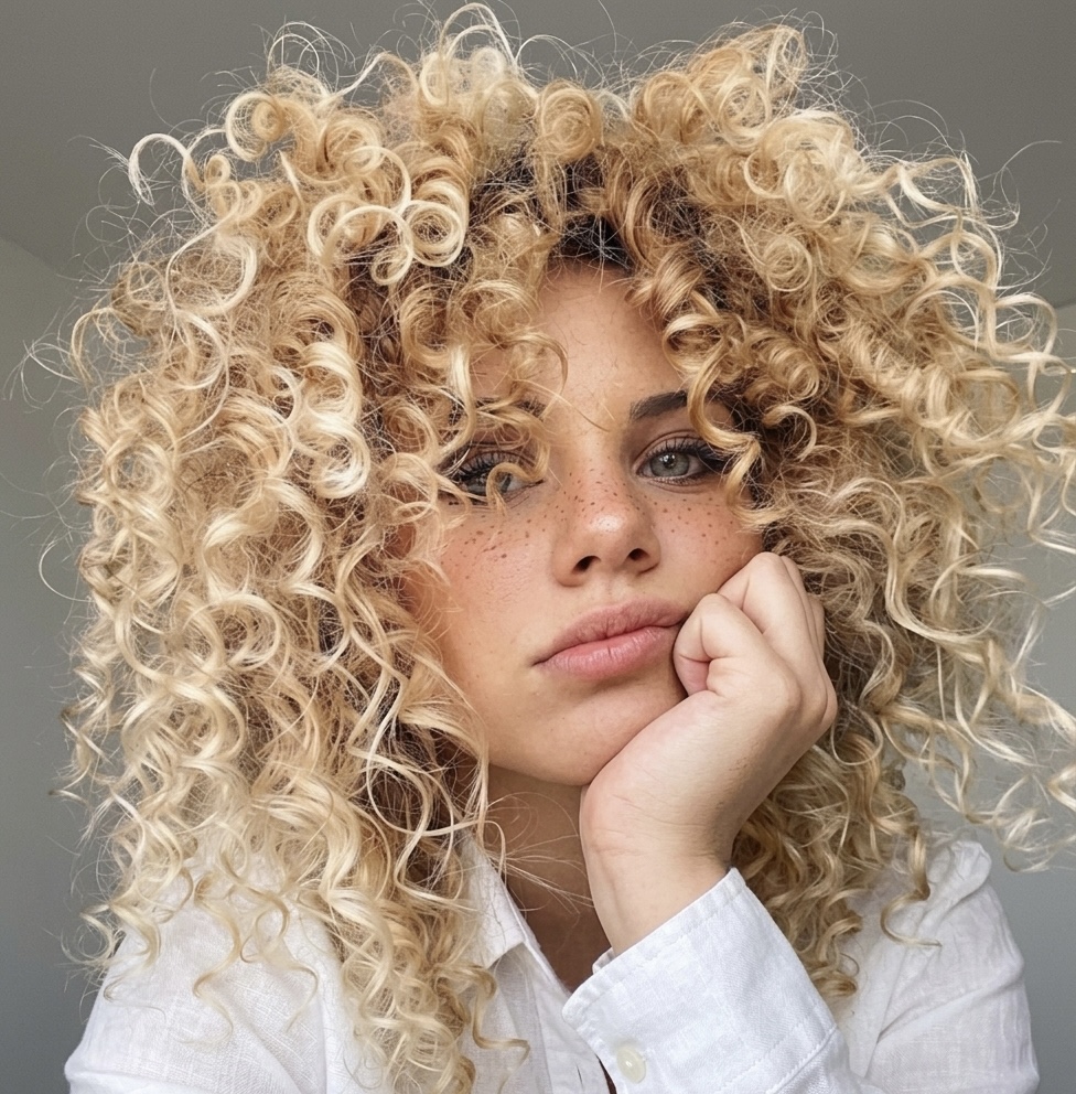 Blonde curly hair with fringe framing bangs.
