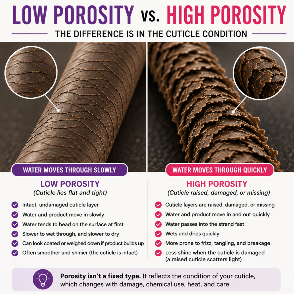 Infographic comparing low porosity and high porosity hair. A magnified low-porosity strand shows flat, intact cuticle layers where water moves through slowly, while a high-porosity strand shows raised, damaged cuticles where water moves through quickly. The graphic explains differences in water absorption, drying time, shine, frizz, tangling, breakage, and product behavior, emphasizing that porosity reflects cuticle condition rather than a fixed hair type.