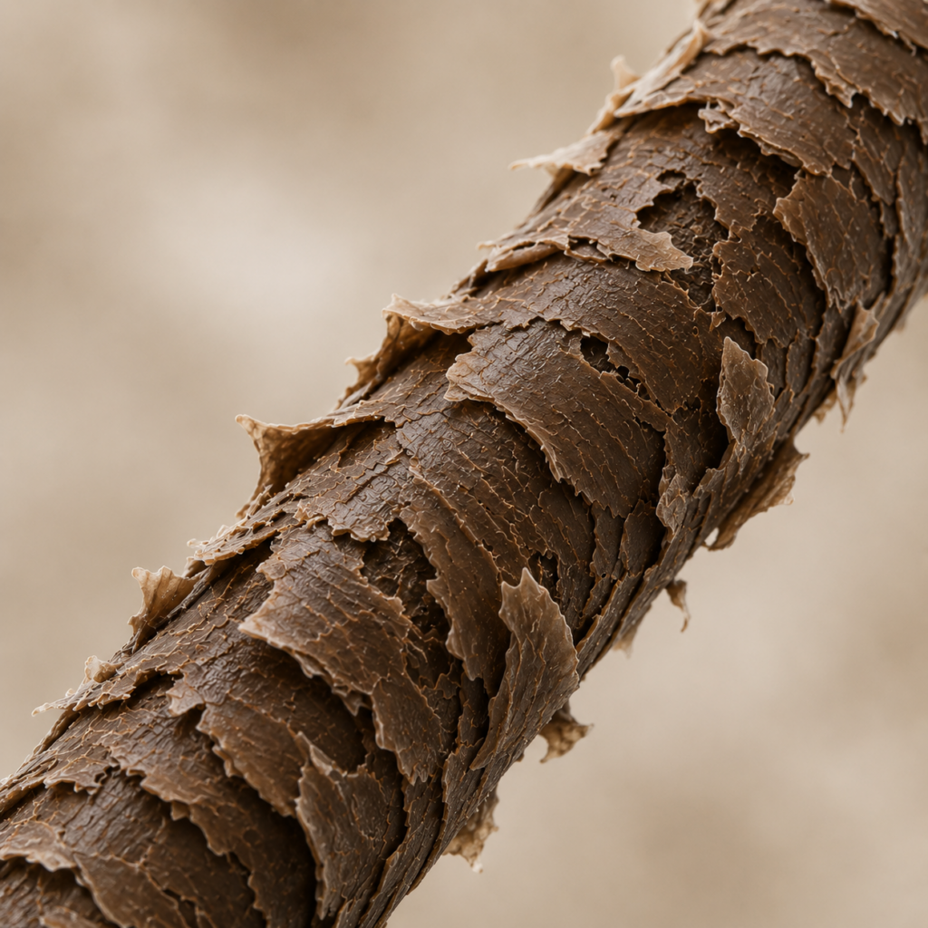 Ultra-realistic 3D scientific illustration of a single human hair strand viewed under magnification, showing detailed raised, chipped cuticle scales along the shaft.