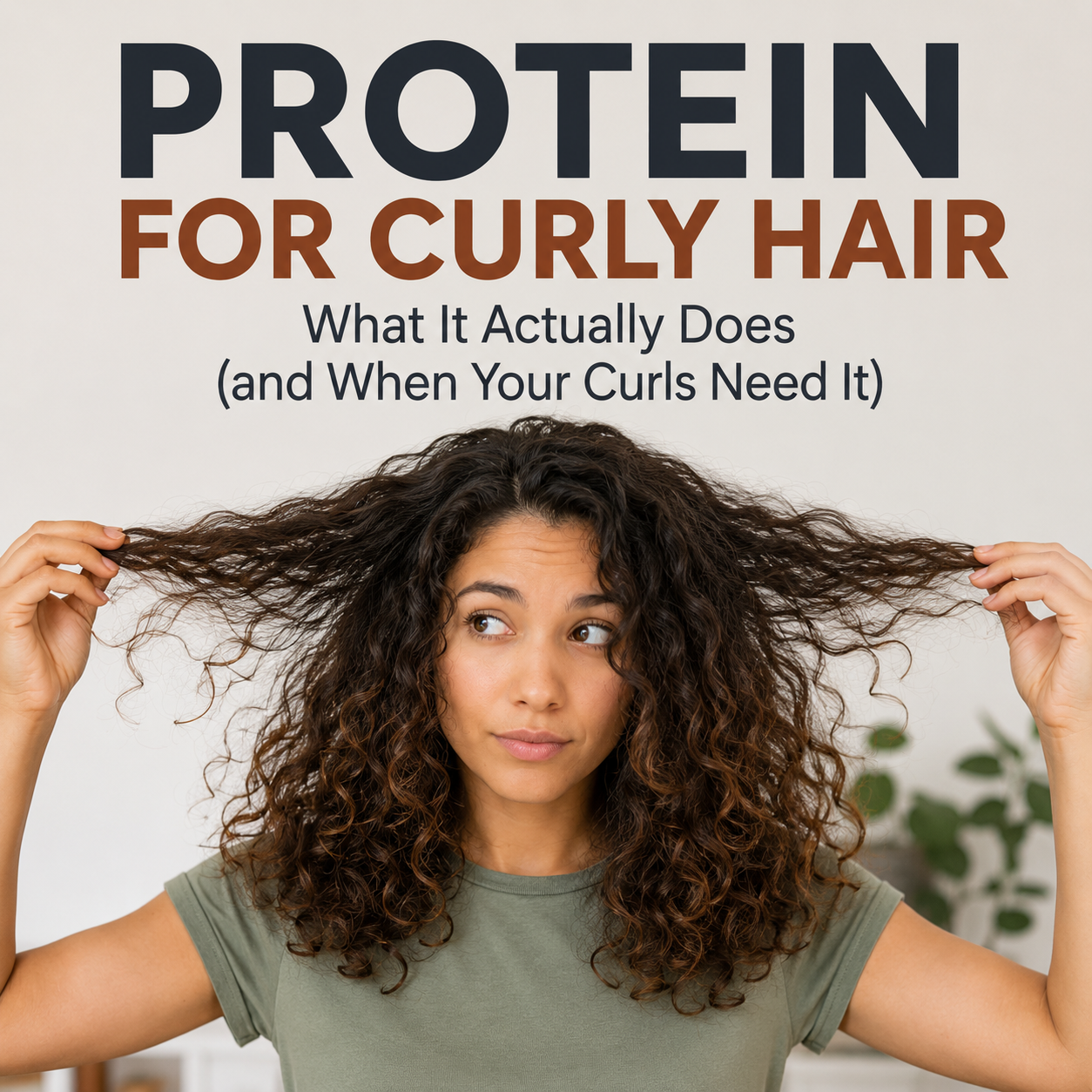 Woman with dark wavy-curly hair wearing a green t-shirt, gently pulling sections of her hair outward while looking thoughtfully to the side. Text overlay reads “Protein for Curly Hair: What It Actually Does.” The image illustrates common signs of hair that may benefit from protein treatments, including reduced definition, stretching, or weakened curl structure.
