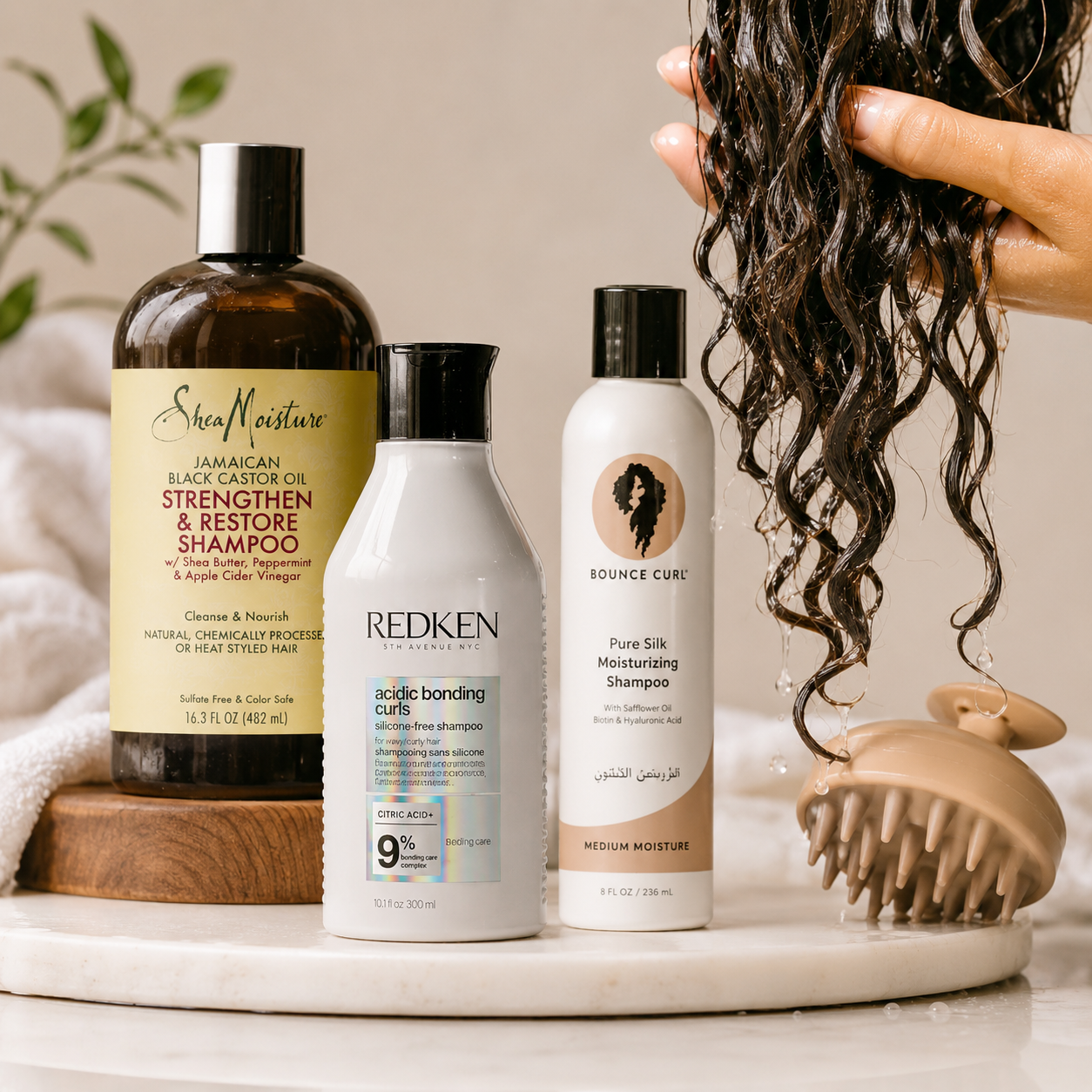Shampoos for high porosity hair displayed next to wet curls, illustrating gentle cleansing and cuticle-friendly hair care for fragile, weathered hair fibers