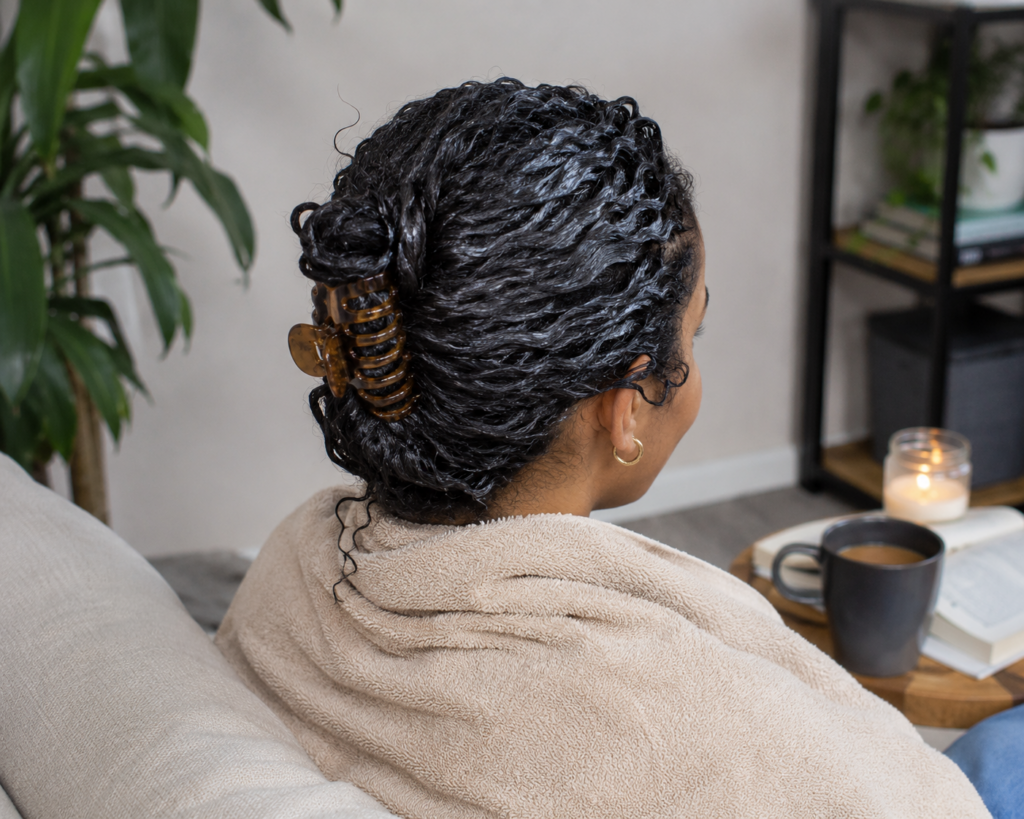 Woman with curly hair coated in a deep conditioning or protein treatment, secured in a large tortoiseshell claw clip while processing. She is seated indoors with a towel draped over her shoulders to catch excess product or water, waiting for the treatment to absorb into her hair.