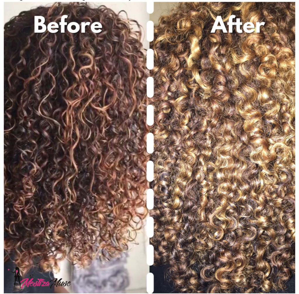 Author's curls before and after scrunching out the gel cast, crunchy cast on the left and soft shiny curls on the right.