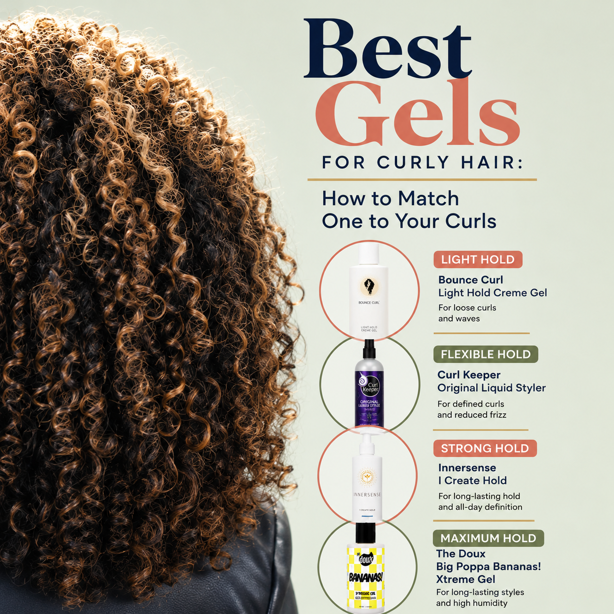 Back view of Author's defined, honey-highlighted brown curls beside the title "Best Gels for Curly Hair: How to Match One to Your Curls," with four gels sorted by light, flexible, strong, and maximum hold.