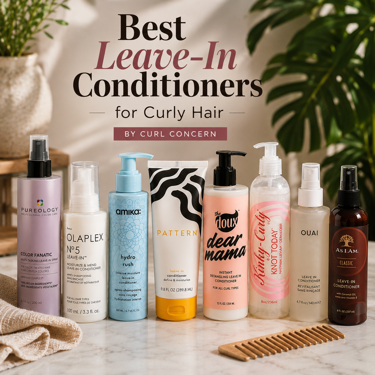 Flat lay of popular leave-in conditioners for curly hair arranged on a marble countertop with soft natural lighting and minimal text overlay reading “Best Leave-In Conditioners for Curly Hair by Hair Concern.” The image features curly hair products.