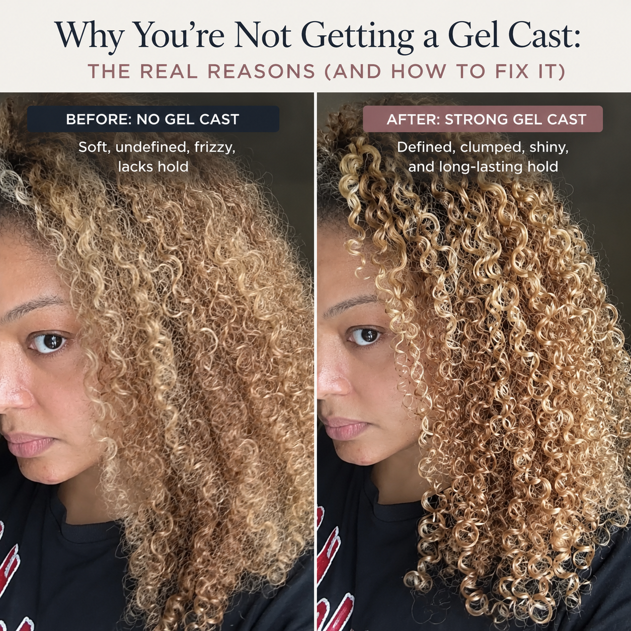 Featured image titled "Why You're Not Getting a Gel Cast: The Real Reasons (and How to Fix It)," showing a before and after of my curly hair: on the left, soft, undefined, frizzy curls with no gel cast; on the right, defined, clumped, shiny curls with a strong gel cast.