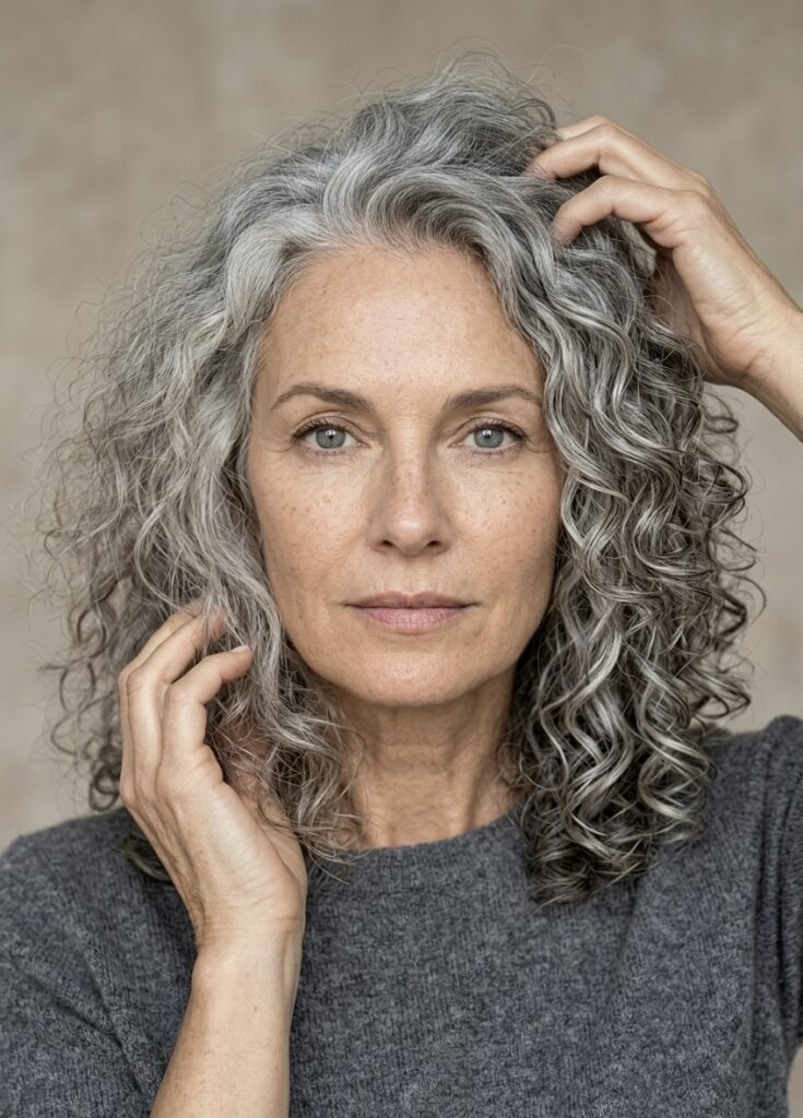 Photo of woman touching her curly gray hair.